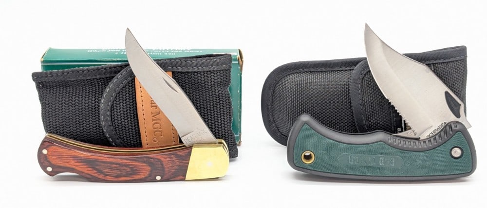 Schrade Cutlery & Bear MFG. Folding Knives: Knives are in like new condition. Largest overall measures 5in when closed.