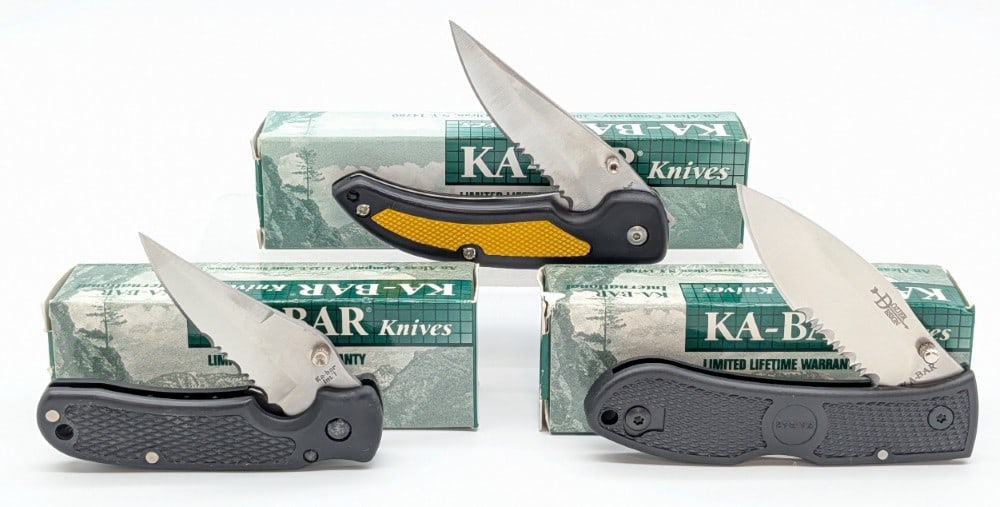 (3) NIB Ka-Bar Synth Black Folding Knives: Knives are in new condition. Largest overall measures 4-1/4in when closed.