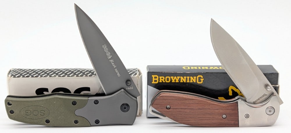 SOG Tanto Flash & Browning Liner Lock Folding Knives w/ Boxes: Knives are in like new condition. Overall measures 4-1/2in when closed.