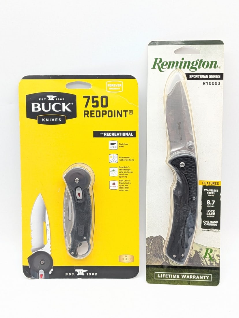NIB Buck 750 Redpoint & Remington Sportsman R10003 Folding Knives: Knives are in new condition.