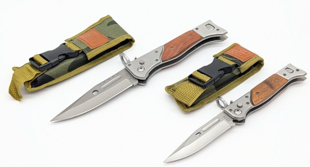 (2) Armed Force Tactical Switchblade AK-47 Bayonets w/ Sheaths: Knives are in like new condition. Largest overall measures 5-7/8in when closed.
