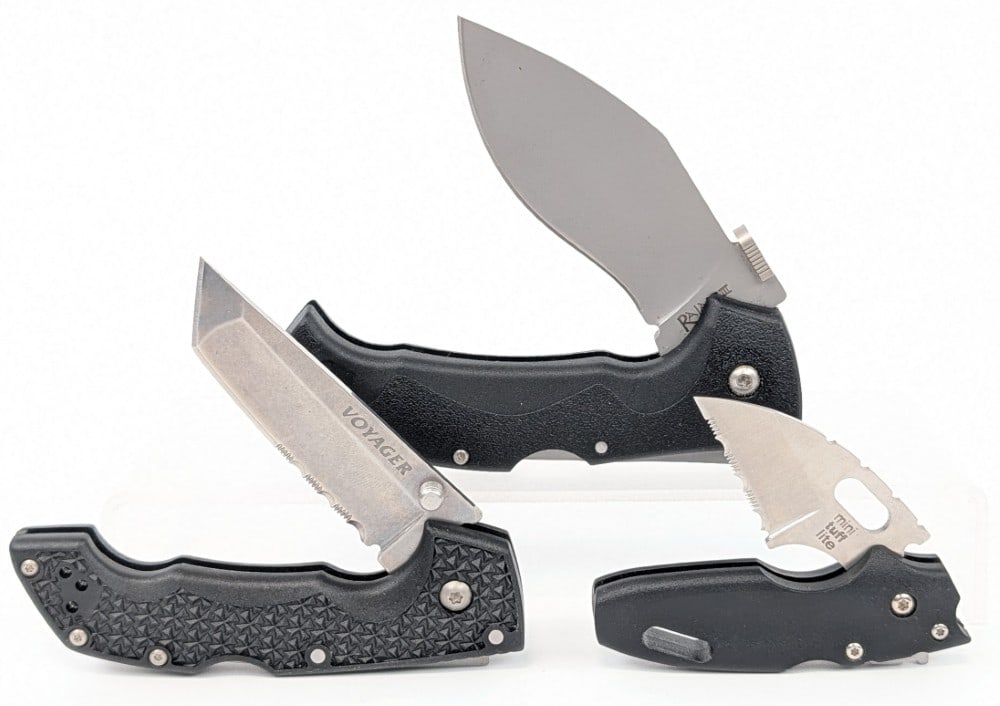 Cold Steel Voyager, Rajah III, & Mini Tuff Lite Folding Knives: Knives are in nice condition with light scuffs from handling. Largest overall measures 4-7/8in when closed.