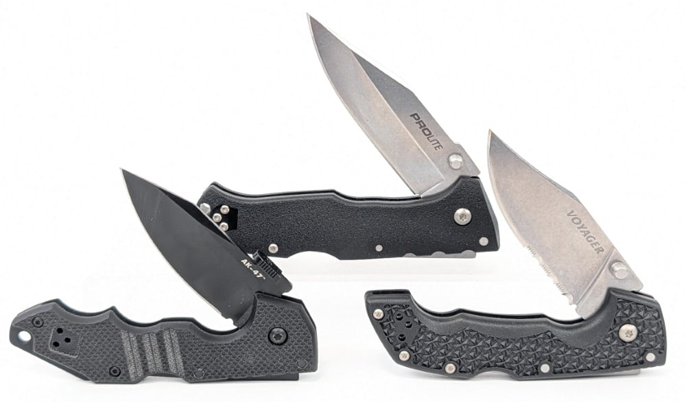 Cold Steel Prolite, Voyager, & AK-47 Folding Knives: Knives are in nice condition with light scuffs from handling. Largest overall measures 4-3/4in when closed.