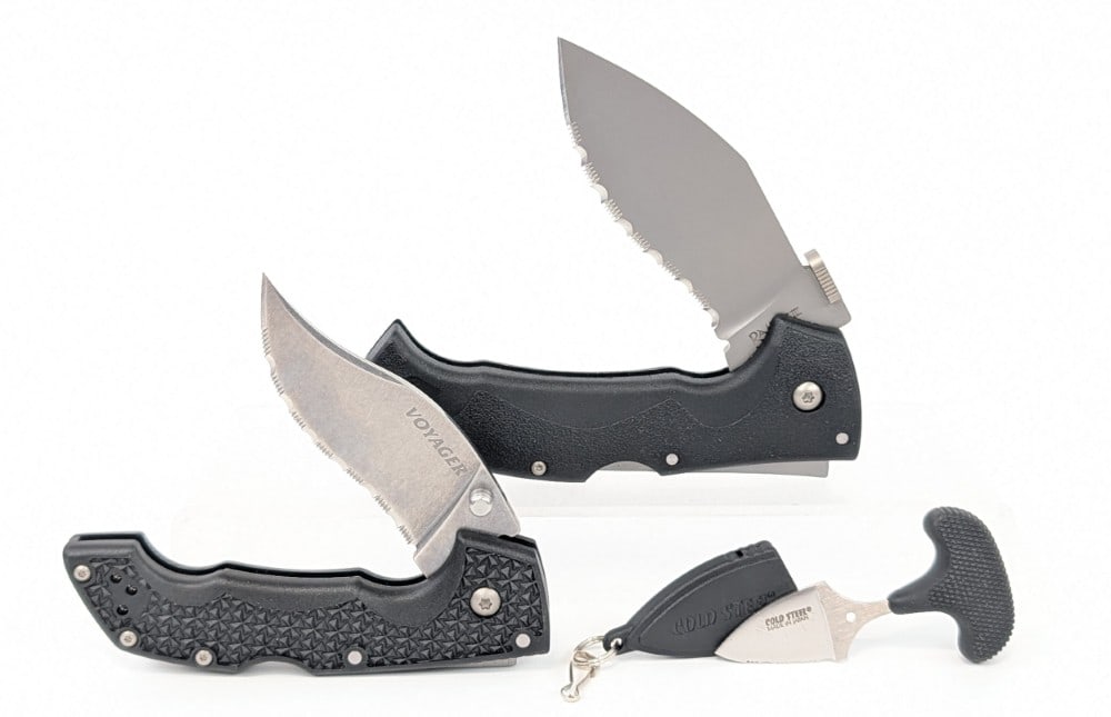 Cold Steel Voyager, Rajah III, & Mini Pal Knives: Knives are in nice condition with light scuffs from handling. Largest overall measures 4-7/8in when closed.