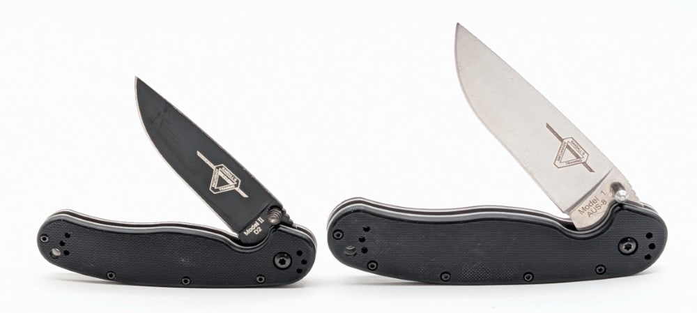RAT Knives Model 1 & 2 Folding Knives: One knife is marked 1st production run. Knives are in nice used condition with scuffs and scratches from use and handling. Largest measures 5in when closed.