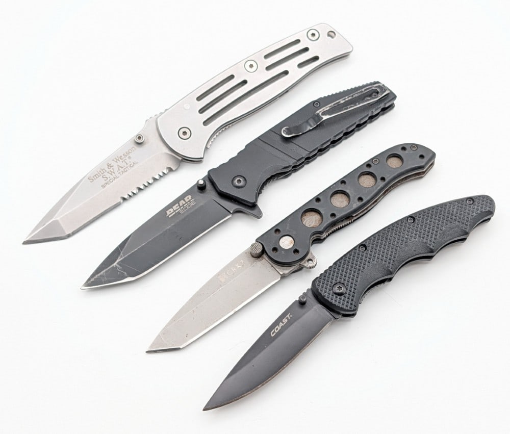 (4) Various Brand Modern Folding Knives: Brands include Smith & Wesson, Coast, Bear Edge, CRKT. Knives are in good used condition with scuffs and scratches from use and handling. Largest overall measures 4-3/4in when closed.