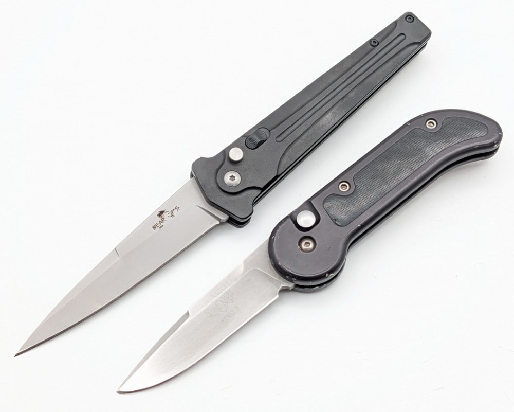Bear Ops & Paragon Switchblade Knives: Knives are in used condition with scuffs and scratches from use and handling. Largest overall measures 5in when closed.