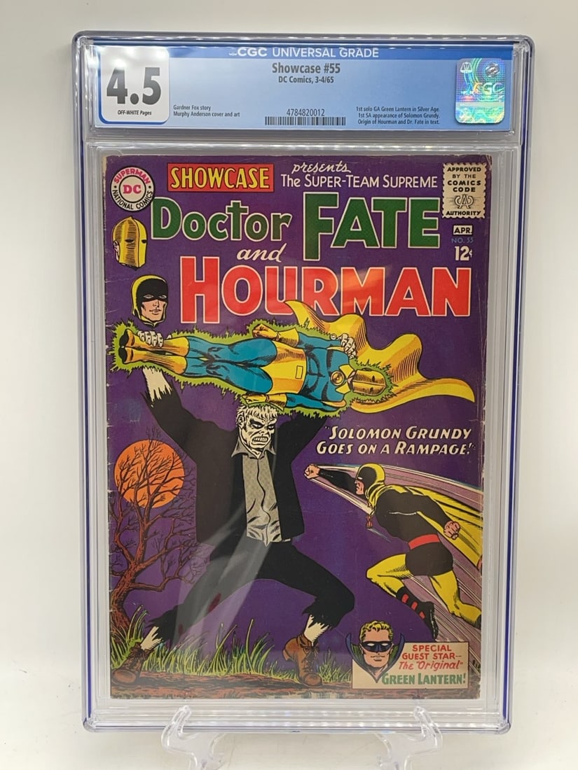 1965 Showcase #55 CGC 4.5 Comic Book: 1965 Showcase #55 CGC 4.5 Comic Book. 1st Solo GA Green Lantern in Silver Age. 1st Silver Age Solomon Grundy. Origin of Hourman and Dr. Fate in text.