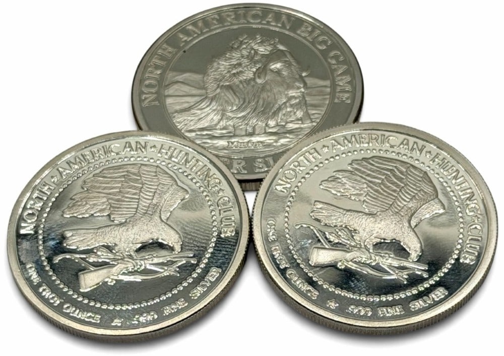 (3) North American Hunting Club One Troy Ounce .999 Fine Silver Rounds: (3) North American Hunting Club One Troy Ounce .999 Fine Silver Rounds.? Total combined weight of 3 troy ounces of .999 fine silver