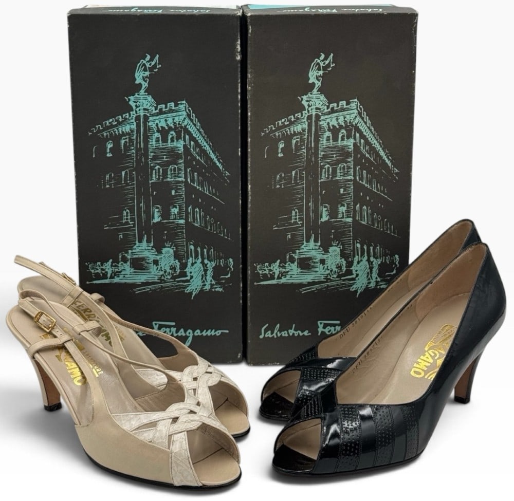 (2) Salvatore Ferragamo Peep-Toe Slingback Heels & Peep-Toe Pumps, Sizes 9-1/2: (2) Salvatore Ferragamo Peep-Toe Slingback Heels & Peep-Toe Pumps, Sizes 9-1/2.?This includes a bone colored pair of peep-toe slingback heels with a braided strap design and a gold-tone buckle on the 