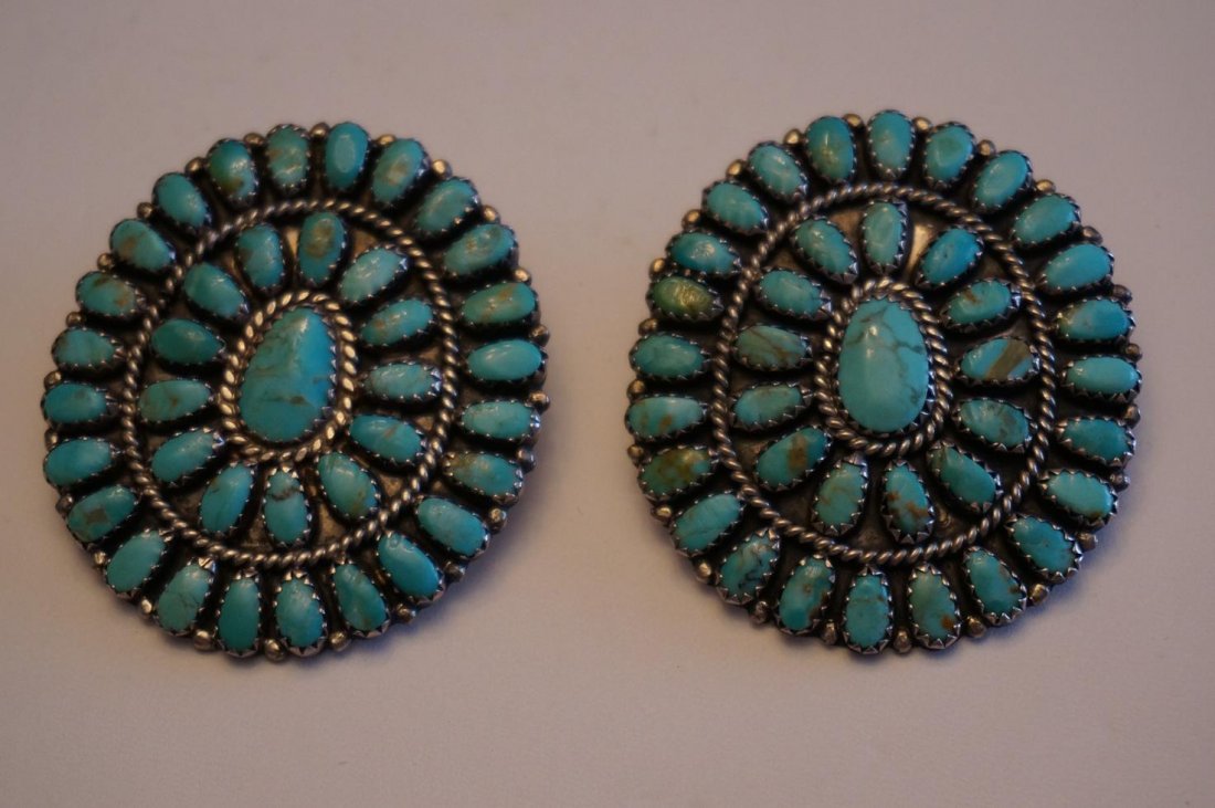 Vintage Navajo Sterling Silver & Turquoise Cluster: Vintage Navajo Sterling Silver & Turquoise Cluster Earrings By Larry Moses Begay Signed LMB 25.6 Grams