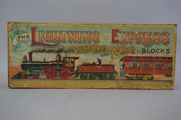 Antique McLoughlin Brothers, New York The Lightning: Antique McLoughlin Brothers, New York The Lightning Express Picture And ABC Blocks Set in Original Box