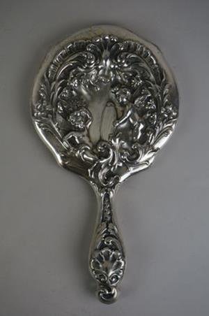 Antique Art Nouveau Cherub Silverplate Vanity Mirror: Antique Art Nouveau Cherub Silverplate Vanity Mirror