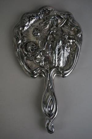 Antique Art Nouveau Woman & Flowers Silverplate Vanity: Antique Art Nouveau Woman & Flowers Silverplate Vanity Mirror