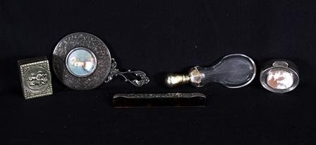 Five Victorian Silver Plate Items Scent Bottle: Five Victorian Silver and Silver Plate Items: Miniature Portrait Mirror, Tortoise Shell Comb with Sterling trim, Pill Box, Scent Bottle with glass stop, Pill Box Carved Cameo Top with Hallmarks on bot