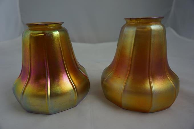 Set of Two Antique Loetz Gold Iridescent Lamp Shades: Set of Two Antique Loetz Gold Iridescent Lamp Shades 4-3/4" Tall Some Small Chips on Mount Lip