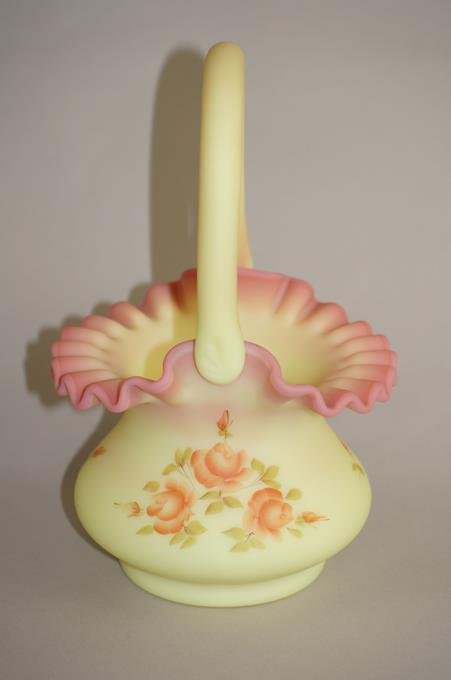 Vintage Fenton Satin Burmese 8" Basket Handpainted With: Vintage Fenton Satin Burmese 8" Basket Handpainted With Roses And Signed By C. Evans