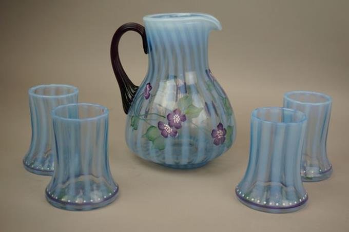 Fenton Misty Blue Rib Optic 5 Pc Guest Set Handpainted: Fenton Misty Blue Rib Optic 5 Pc Guest Set Handpainted Irises Artist Signed