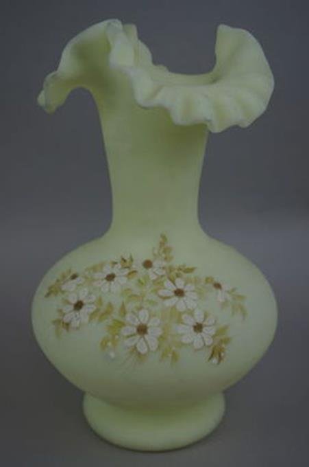 Fenton 10-1/2" Satin Custard Glass Handpainted Daisies: Fenton 10-1/2" Satin Custard Glass Handpainted Daisies Vase Signed By Joyce Johnson