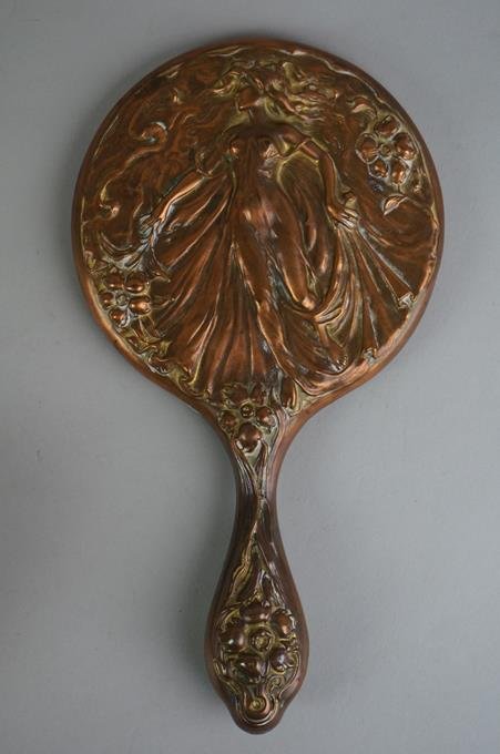 Antique Art Nouveau Copper Tone Hand Mirror 8-1/2" Long: Antique Art Nouveau Copper Tone Hand Mirror 8-1/2" Long
