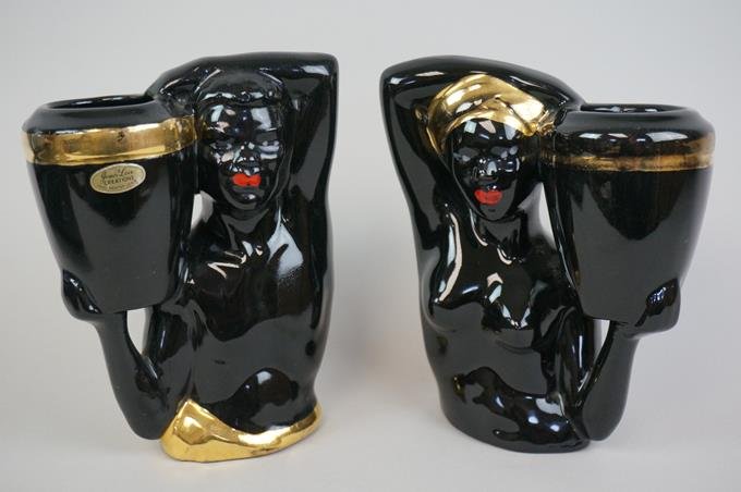 Pair of 1950's Joan Lea Creations California Pottery: Pair of 1950's Joan Lea Creations California Pottery African Vases 6" Tall