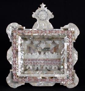 Italian Carved Mother of Pearl Last Supper: Italian carved mother of pearl mosaic shadow box of the Last Supper. Condition: a few loose pieces inside of box. Measures, 9"H x 7.5"L.
