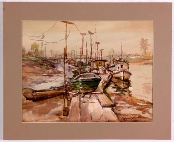By the Docks by Edgar Forkner Watercolor: A long and winding dock bathed in morning sunlight and lined by a variety of boats is captured in this skillfully executed watercolor. Signed "Edgar Forkner" lower right. An Illinois/Indiana/Washingto