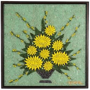 Mosaic Sunflowers by Genaro Alvarez Mexican Artist: Elaborate and striking mosaic of an arrangement of sunflowers in a vase. Signed "Genaro" lower left and on verso for the artist Genaro Alvarez. A midcentury Mexican artist, Alvarez was a well-known mo