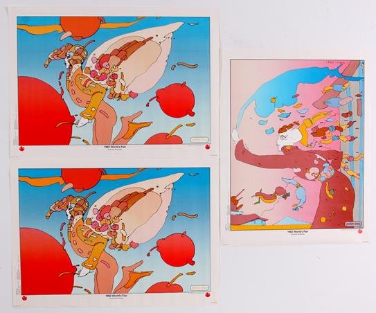 Peter Max 1982 World's Fair Posters: Three Peter Max 1982 World's Fair Posters. Measures, 24"H. x 18"L. Condition: some signs of wear.