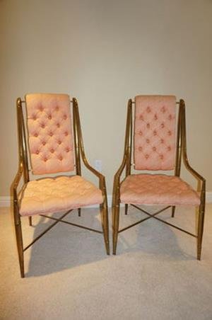 Pair of 1980's Brass Mastercraft Chairs: One chair in excellent condition the other needs a cross member mended