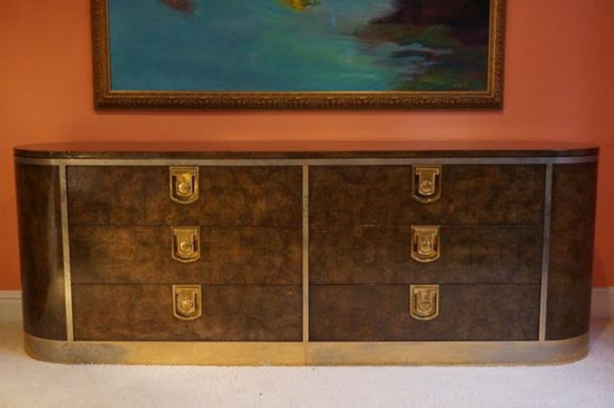 Mastercraft Baker 1980 Dresser: Mastercraft Baker 1980 Dresser Burled Walnut/Bronze Trim, 80"L x 18"W x 28.5"H