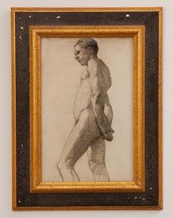 Charcoal Study of Male Nude: Striking charcoal drawing of a pensive male nude in a contrapposto pose. Circa 1920. Unsigned. Displayed in a giltwood frame behind glass. Image, 11"L x 17.25"H. Measures, 18" L x 1.75" W x 24.25" H. 