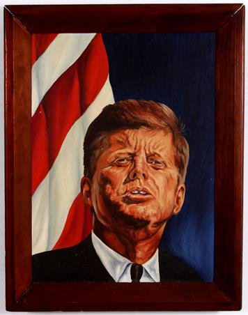 John F. Kennedy Oil Painting: Oil on canvas portrait of U.S. President John F. Kennedy delivering a speech with American flag in background. Unsigned. Displayed in a wood frame. Image, 17" L x 23" H. Frame 22" x 28"