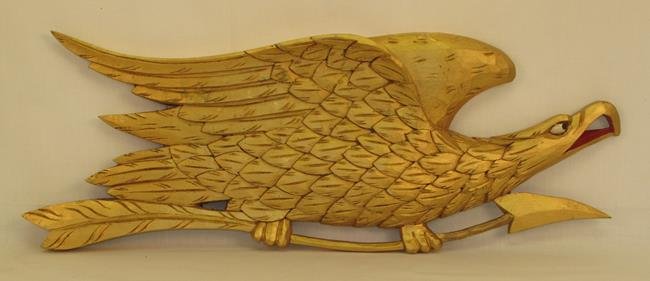 Willard Shepherd Folk Art Carved American Eagle: Willard Shepherd Folk Art Carved American Eagle. Burned signature on back "Willard Shepherd, Waterford, Conn." Approx. 23"L. Condition: a few small nicks in paint.