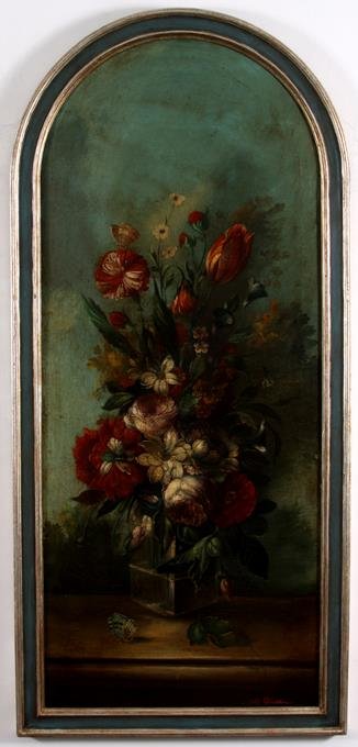 Large Oil Painting Tulips, Roses & Butterflies: Stunning still life oil on canvas of flowers in square vase with butterflies. Possibly Italian or Dutch school. Illegibly signed lower right. Displayed in silver and blue wood frame. Frame 24" x 51"