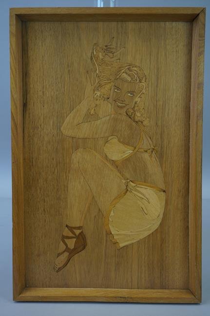 Marquetry Petty Girl Tray: Hand made marquetry tray of big eyed beautiful petty girl. Unsigned. 19.5" x 13".