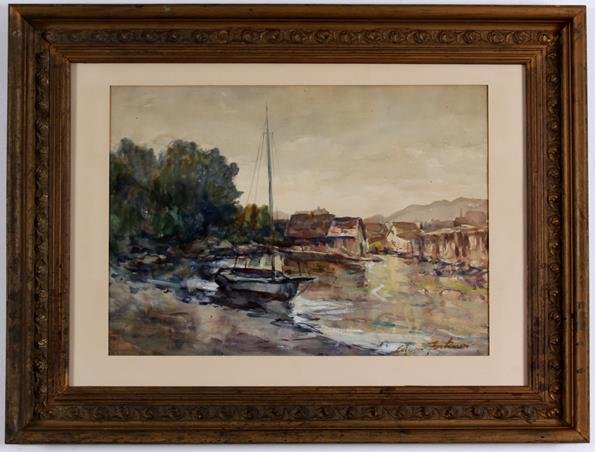 Harborside Impressions Edgar Forkner Watercolor: Billowing clouds are in the background of a crowded harbor lined with boats in this picturesque watercolor painted in Impressionist-style brushwork. Signed "Edgar Forkner" lower center. An American ar