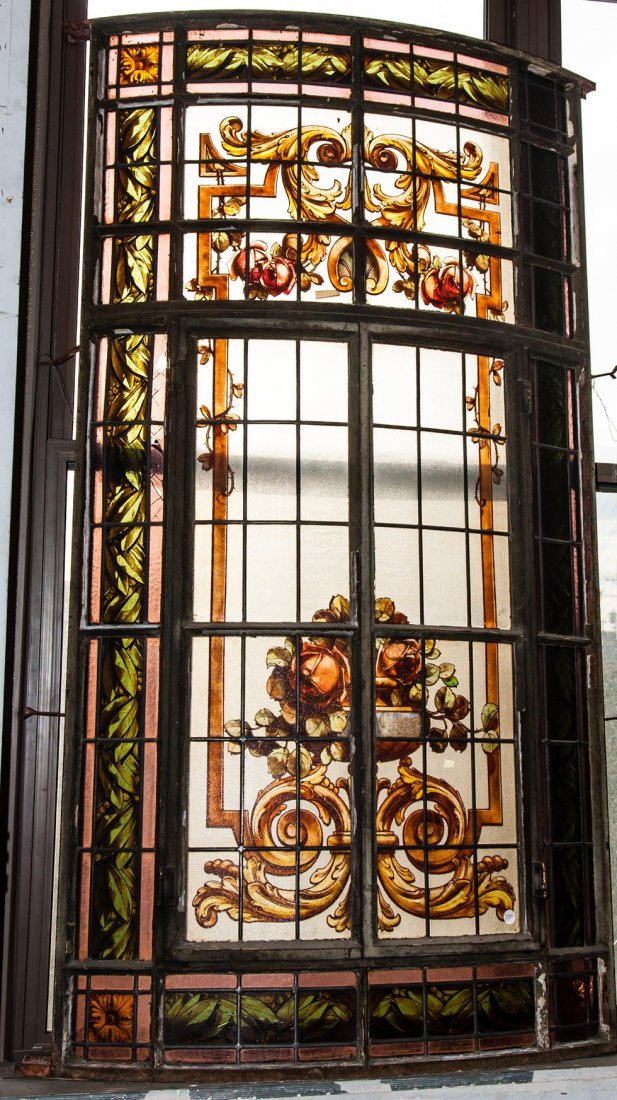 Argentine Window With Double Opening Door: Painted and Fired Glass, Multi Shaded Color Window, Dimensions: 78"x45"x6"