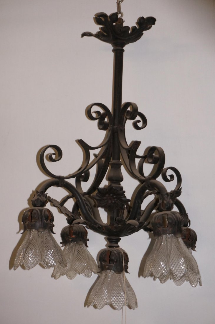 Wrought Iron Five Light Fixture: Original Shades, Dimensions: 29" Tall 22" Across