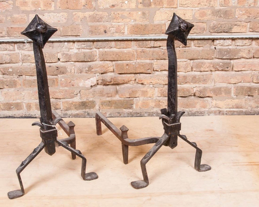 Antique American Wrought Iron Andirons: Hand Forged, Dimensions: 27" x 13" x 22-1/2"