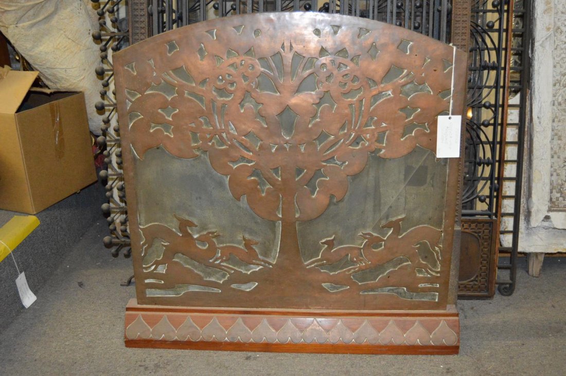 French Copper & Wood Fireplace Screen: Tree & Deer, Dimensions: 32" x 33" x 4"