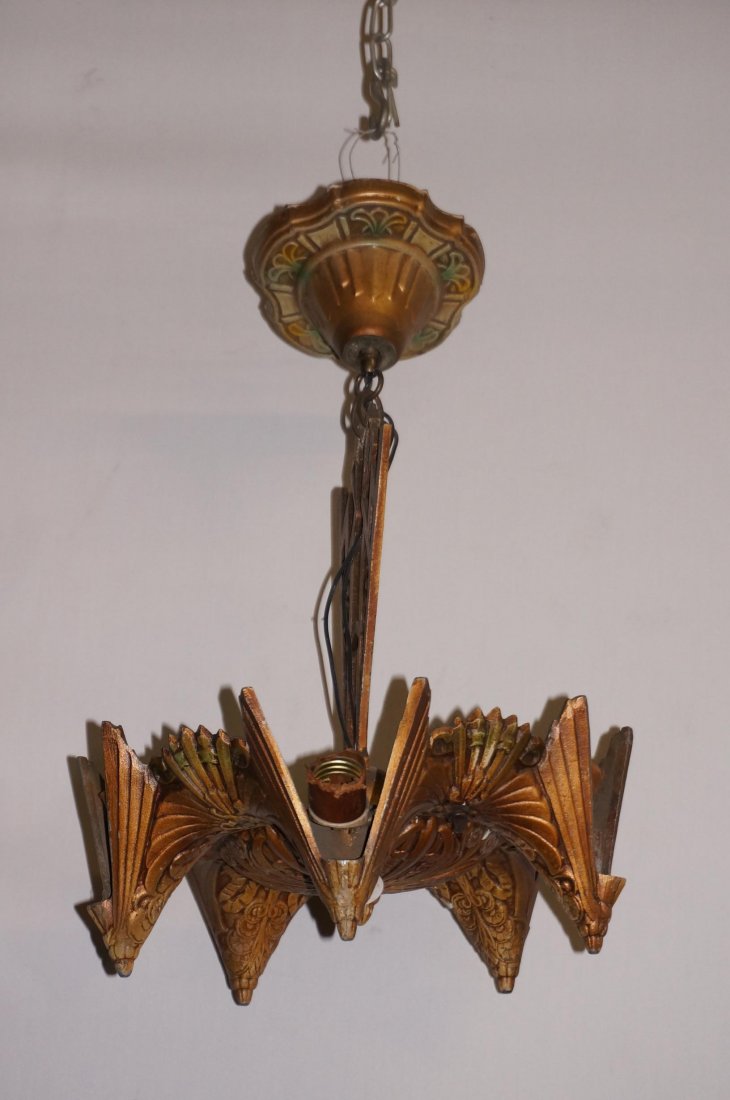 Antique American Light Fixture: Painted Highlights, No Shades, Dimensions: 17" Tall 10-1/2" Across