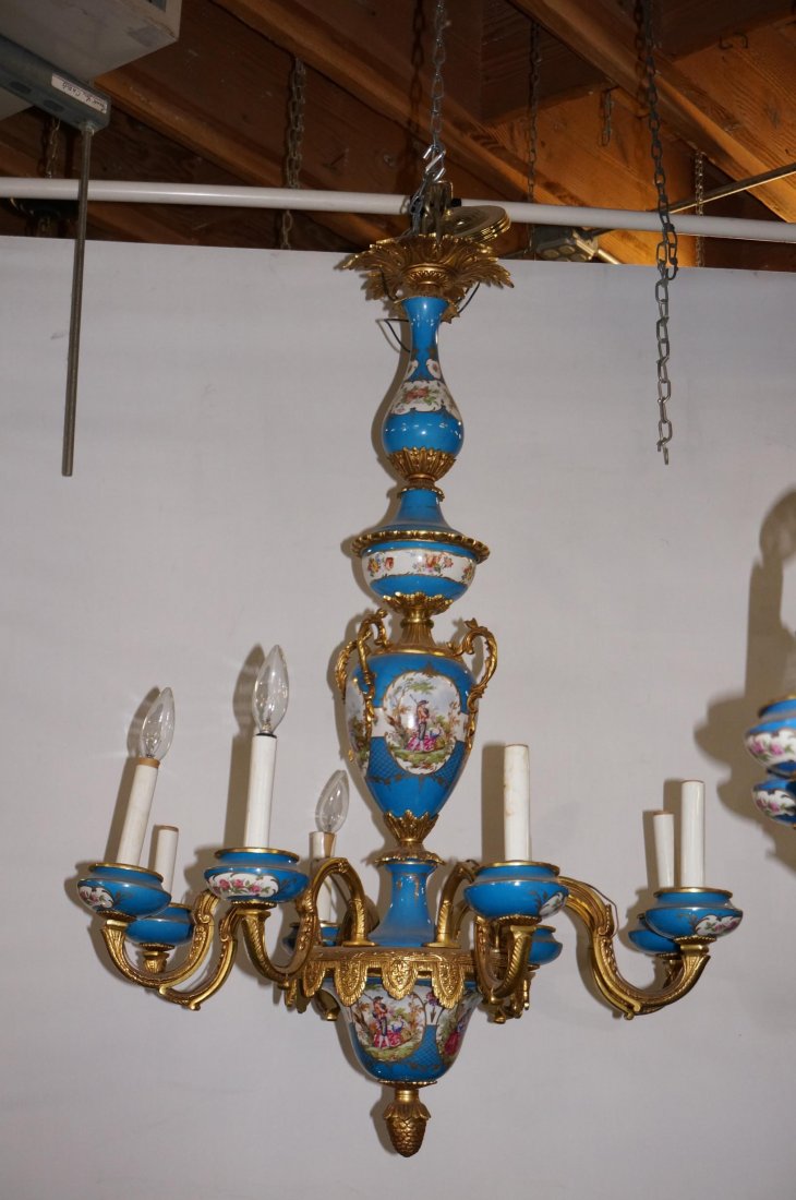 French Porcelain & Brass Eight Arm Light Fixture: French Men & Women Scenes, Dimensions: 47" Tall 26" Across