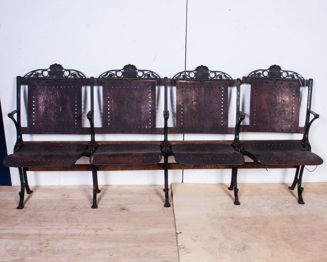 American Set of Four Iron and Wood Fold-up Chairs: Movie Theater Style Chairs, Dimensions: 35"x78"x19"