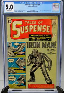 Tales of Suspense #39 1st App of Iron Man CGC: Includes Tales of Suspense #39 1st app. & origin of Iron Man-1963- Stan Lee story, Kirby, Ditko, Heck & Colan art. CGC Universal grade of 5.0