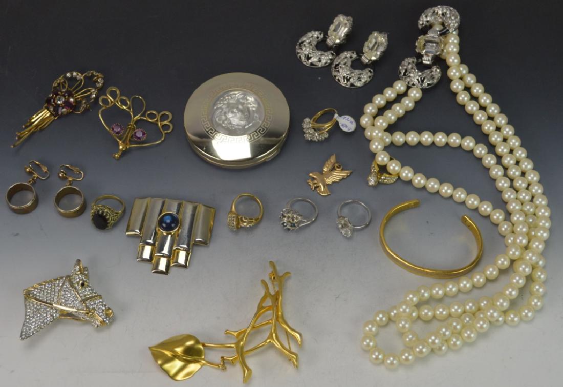 Balenciaga and RLM and Costume Jewelry Grouping: To include a Givenchi rhinestone and faux pearl suite (necklace and earrings), Compact (silvered metal), Rhinestone horse head brooch, a Robert Lee Morris branch and leaf brooch, Modernest Balenciaga