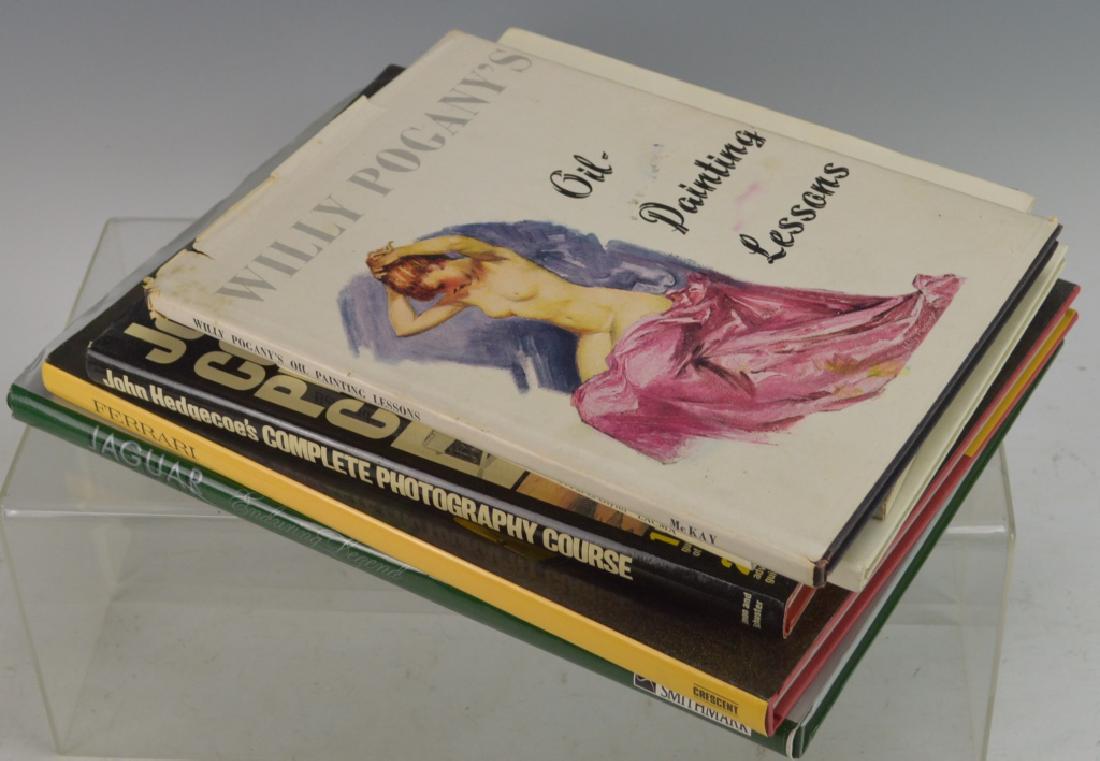 Coffee Table Book Grouping: Includes (7) books. Oil Painting lessons, the Artist and his Studio, Utamaro, The Sensuous Line, Complete Photography Course, Ferrari, Jaguar. Largest measures 10"x14"