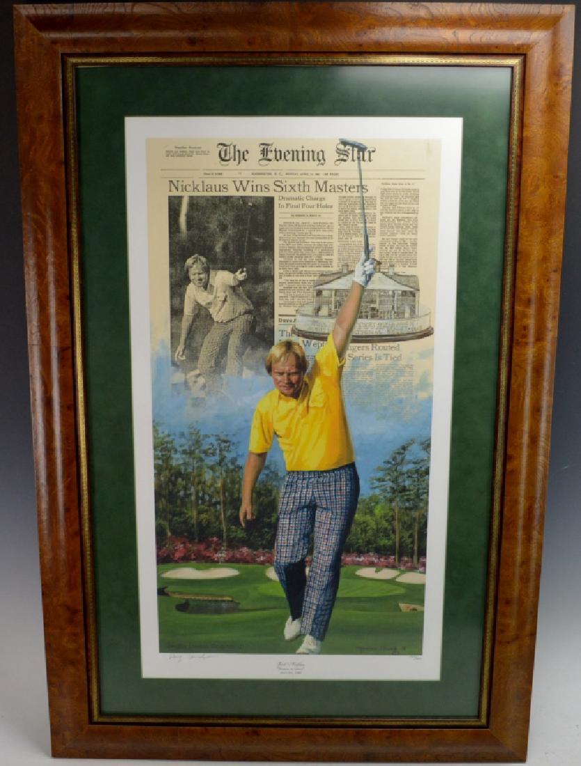 Douglas London Jack Nicklaus Lithograph: Includes signed lithograph by Douglas London "Return to Glory" from Jack Nicklaus' Masters victory in 1986, and numbered #565 / 950, Measures 24"x37".