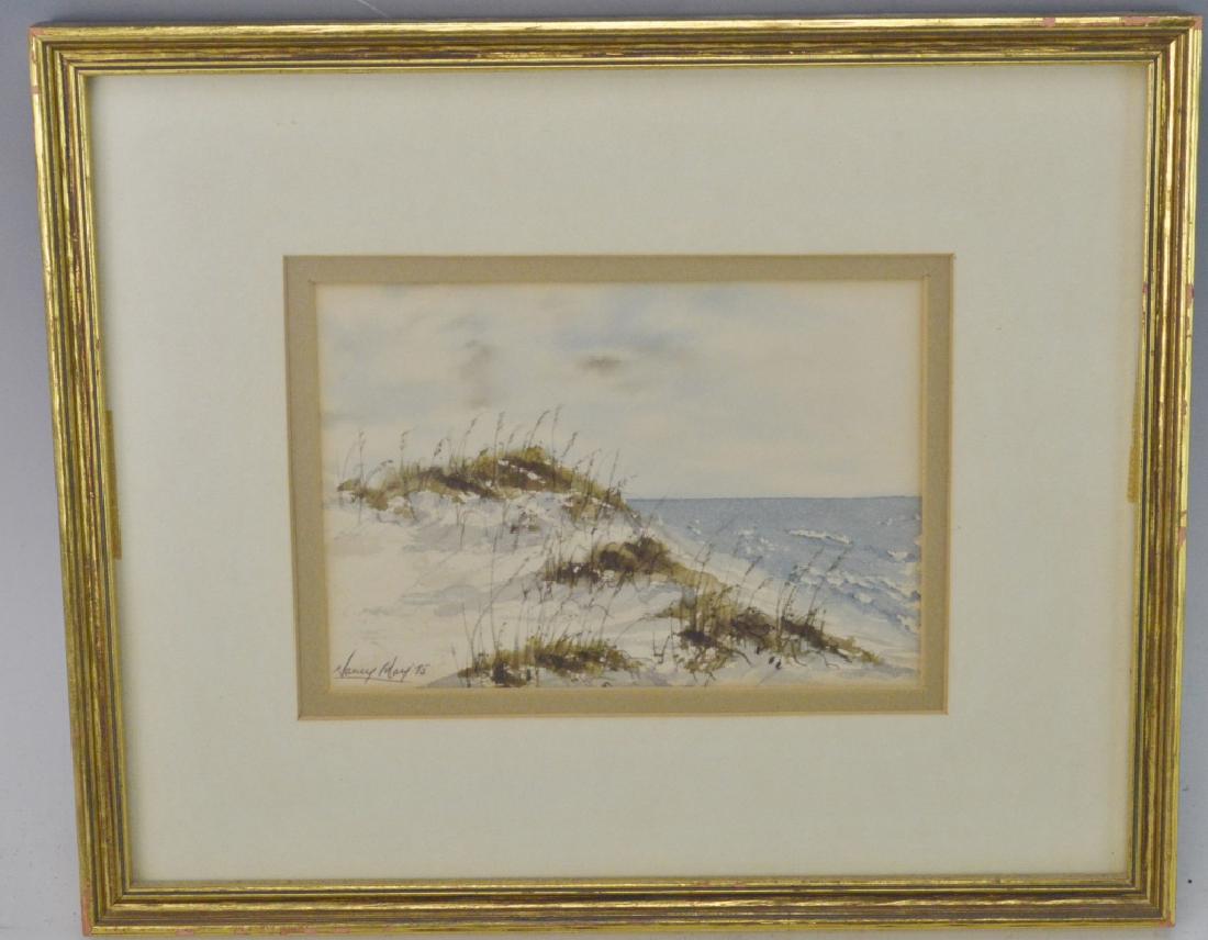 Signed Nancy May Watercolor: Includes signed Nancy May oceanview watercolor. Measures 11.5"x 9.5"