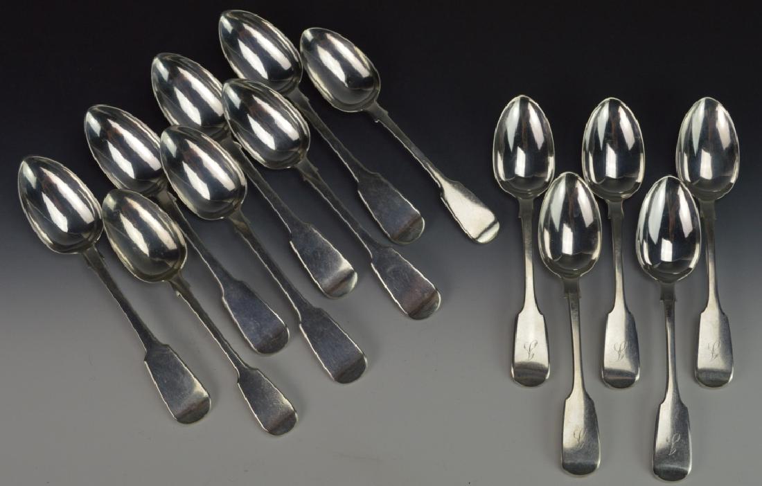 English Sterling Silver Soup Spoon Grouping: Includes (6) Thomas Maning (Dublin) dated 1832, (2) Henry & Henry John Lias dated 1857, and (5) that appear to be Charles Boyton dated to 1858 with "J'" monogram. All measureapprox. 7" and weigh 20.7 